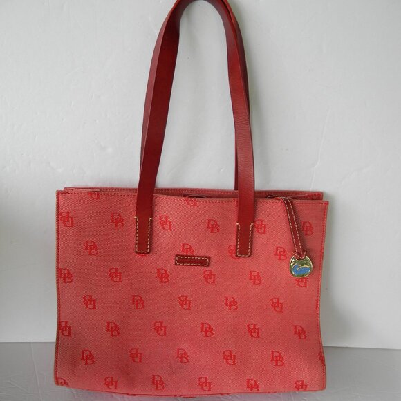 Dooney & Bourke Signature Shoulder MONOGRAM  Red LOGO E/W Leather/Canvas TOTE - Picture 1 of 11